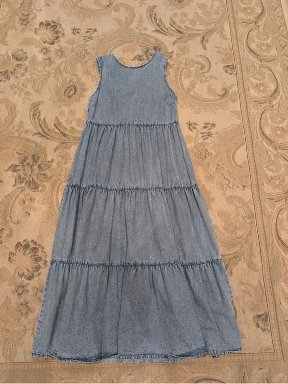 Sleeveless Light Blue Denim Tiered Midi Dress